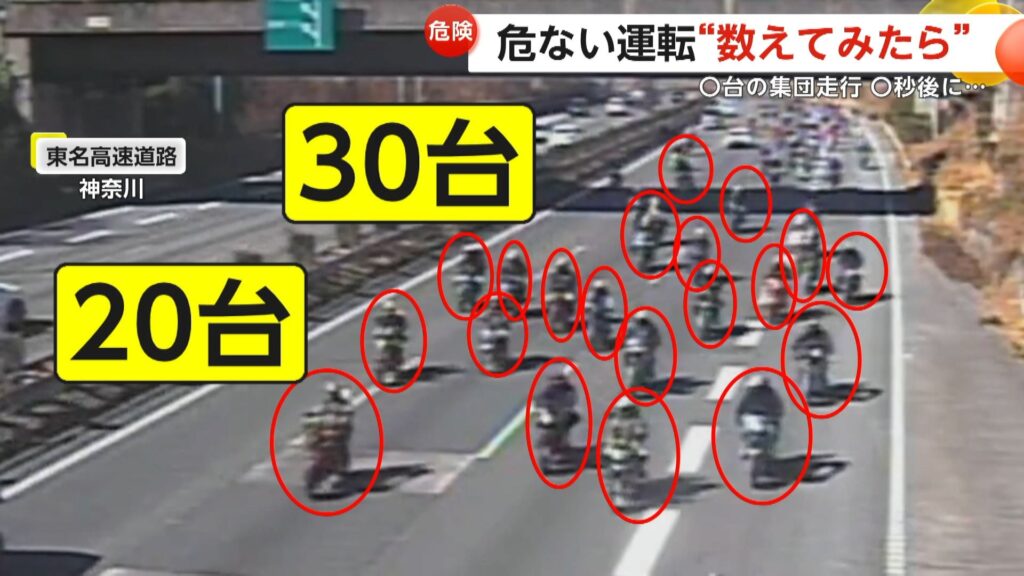 【神奈川】「ありえないです」バイク30台以上が東名高速4車線を埋め尽くす…先頭2台は蛇行運転も　茅ヶ崎ではトラックが信号無視　三重では連続逆走も